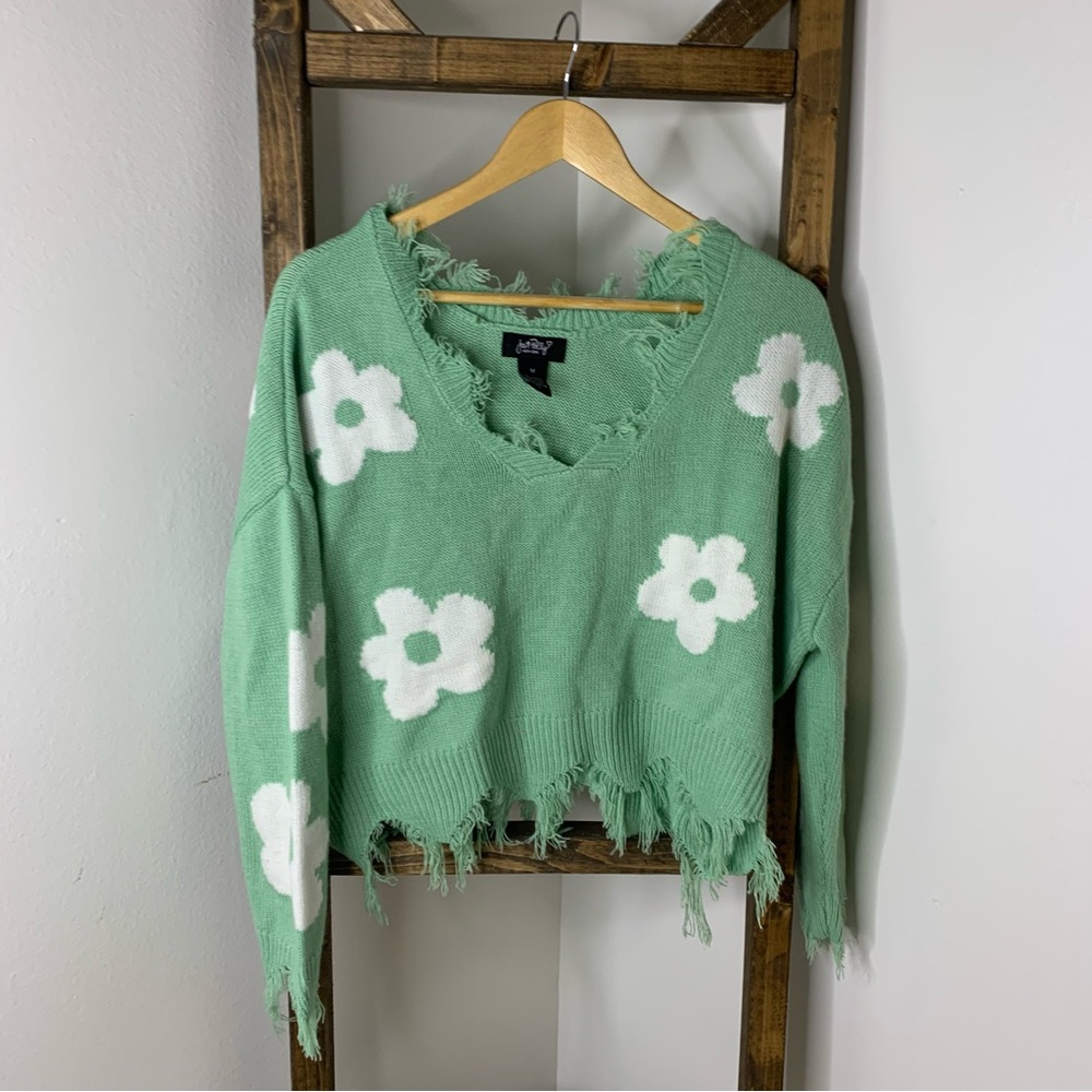 Just Polly Green Floral Frayed Sweater Size M